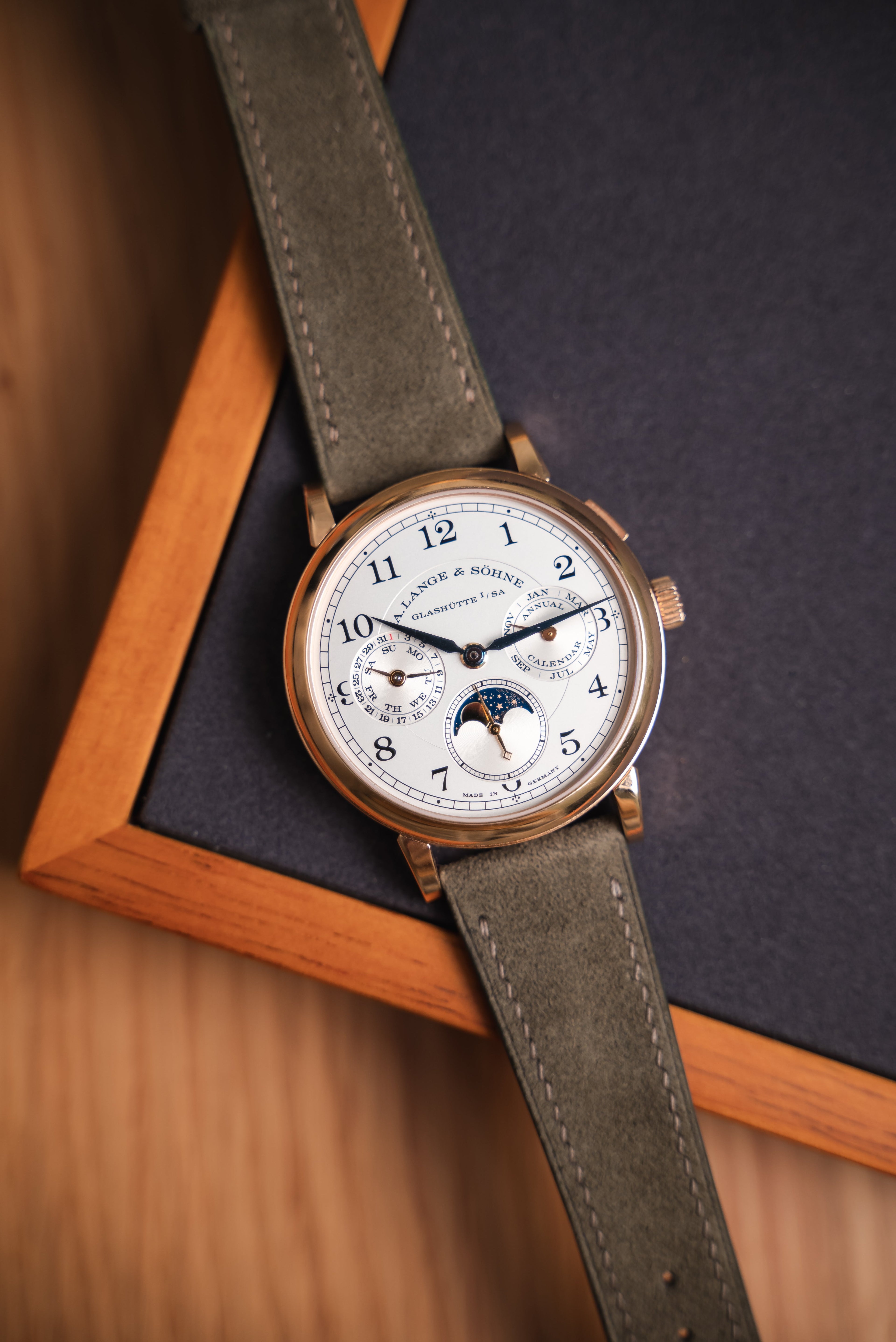 Green suede strap on a A. Lange & Söhne 1815 Annual Calendar